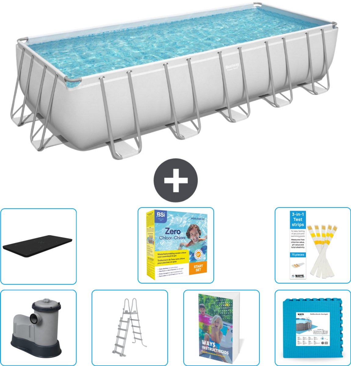 Bestway Rechthoekig Power Steel Zwembad - 640 x 274 x 132 - Grijs - Inclusief Pomp - Ladder - Afdekzeil - Onderhoudspakket - Vloertegels - 8-delig