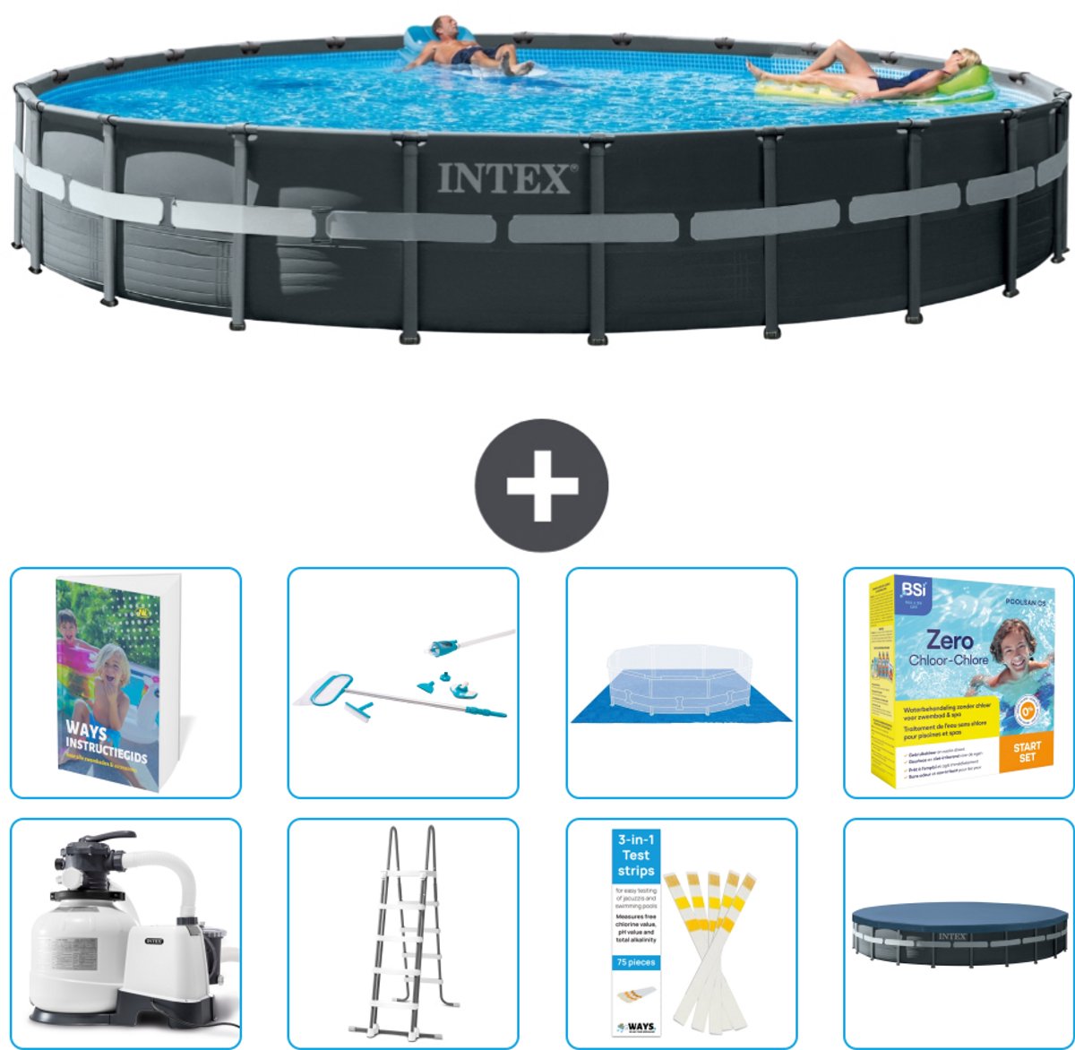 Intex Rond Ultra XTR Frame Zwembad - 732 x 132 cm - Inclusief Pomp - Ladder - Grondzeil - Afdekzeil - Schoonmaakset - Onderhoudspakket - 9-delig