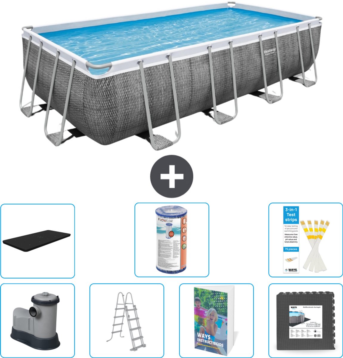 Bestway Rechthoekig Power Steel Zwembad - Rattanprint - 549 x 274 x 122 - Inclusief Pomp - Ladder - Afdekzeil - Filter - Vloertegels - 8-delig