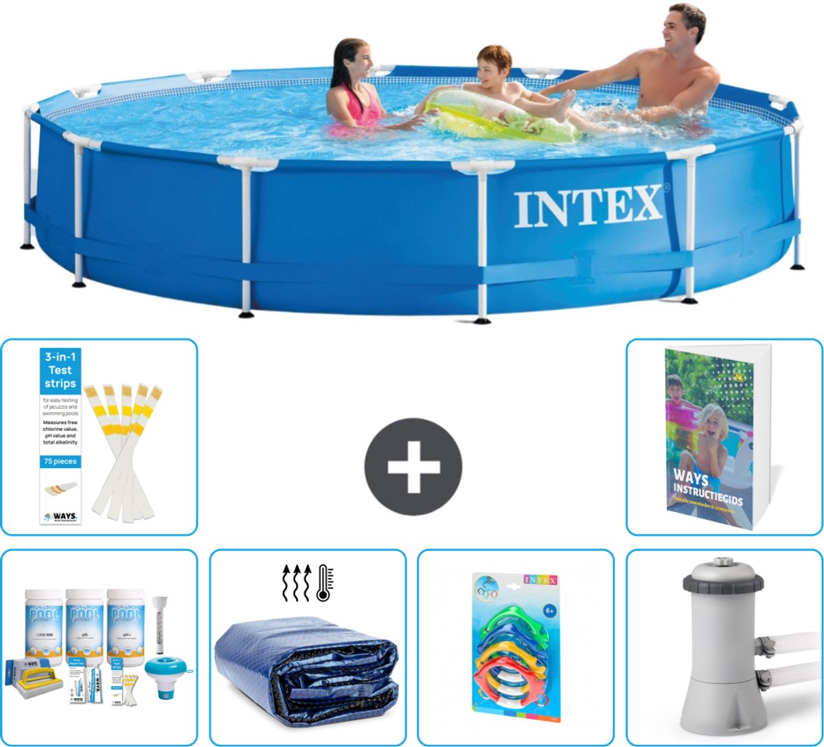 Intex Rond Frame Zwembad - 366 x 76 cm - Blauw - Inclusief Onderhoudspakket - Solarzeil - Speelgoed - Zwembadfilterpomp - 7-delig