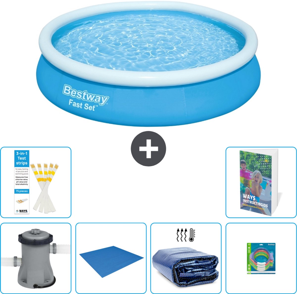 Bestway Rond Opblaasbaar Fast Set Zwembad - 366 x 76 cm - Blauw - Inclusief Pomp - Grondzeil - Solarzeil - Speelgoed - 7-delig