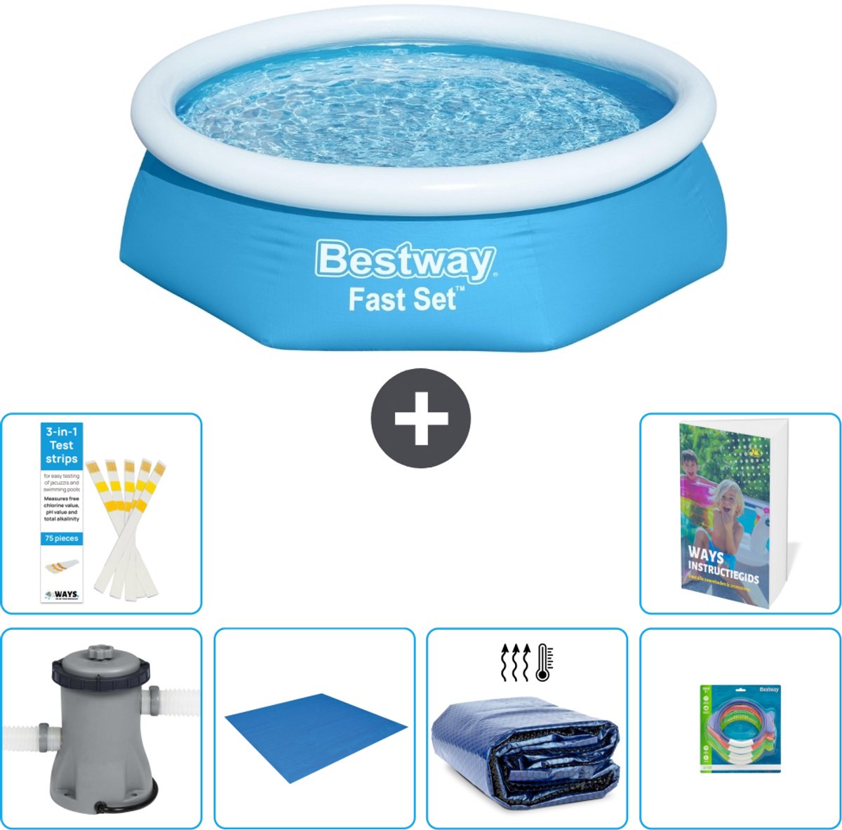 Bestway Rond Opblaasbaar Fast Set Zwembad - 244 x 61 cm - Blauw - Inclusief Pomp - Grondzeil - Solarzeil - Speelgoed - 7-delig