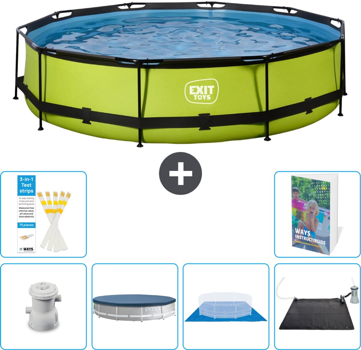 EXIT Rond Lime Frame Zwembad - 360 x 76 cm - Inclusief Pomp - Afdekzeil - Grondzeil - Solar Mat - 7-delig