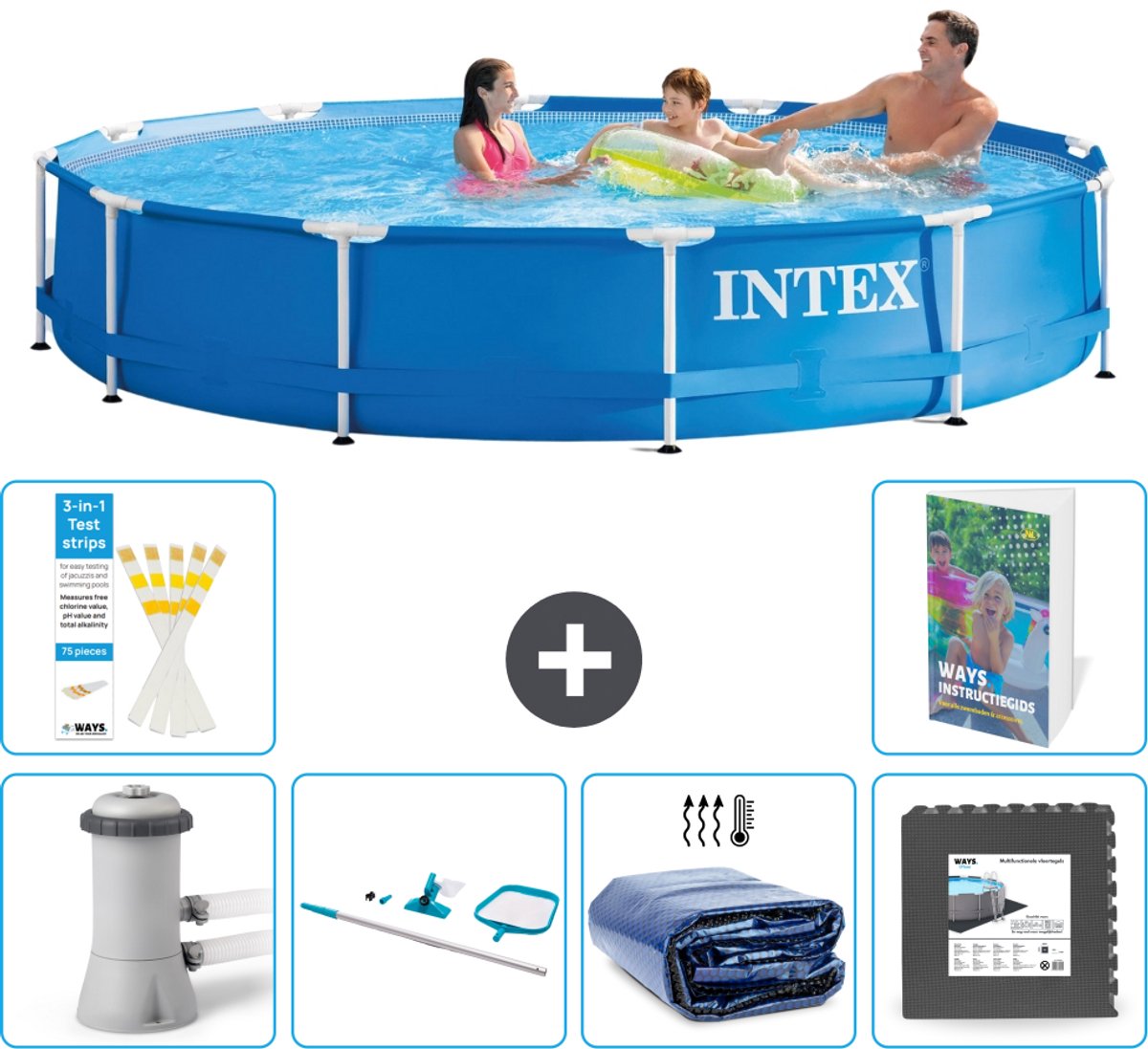 Intex Rond Frame Zwembad - 366 x 76 cm - Blauw - Inclusief Pomp - Schoonmaakset - Solarzeil - Vloertegels - 7-delig