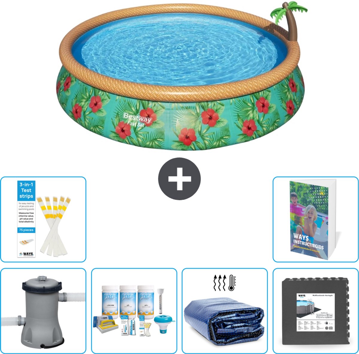 Bestway Rond Opblaasbaar Fast Set Zwembad - Paradijsprint - 457 x 84 cm - Inclusief Pomp - Onderhoudspakket - Solarzeil - Vloertegels - 7-delig