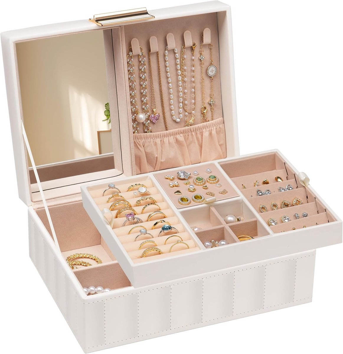 Sieradenbox met 2 lagen en verwijderbare tray voor oorbellen, kettingen, armbanden en ringen, Wit