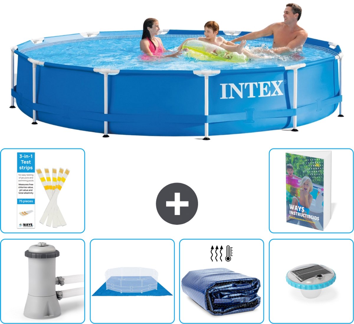 Intex Rond Frame Zwembad - 366 x 76 cm - Blauw - Inclusief Pomp - Grondzeil - Solarzeil - Verlichting - 7-delig