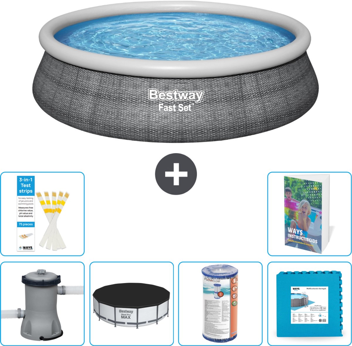 Bestway Rond Opblaasbaar Fast Set Zwembad - Rotanprint - 457 x 84 cm - Inclusief Pomp - Afdekzeil - Filter - Vloertegels - 7-delig