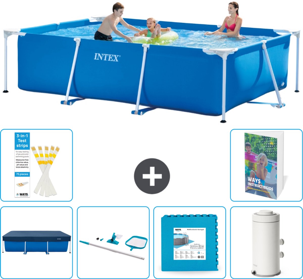 Intex Rechthoekig Frame Zwembad - 300 x 200 x 75 cm - Blauw - Inclusief Afdekzeil - Schoonmaakset - Vloertegels - Zwembadfilterpomp - 7-delig