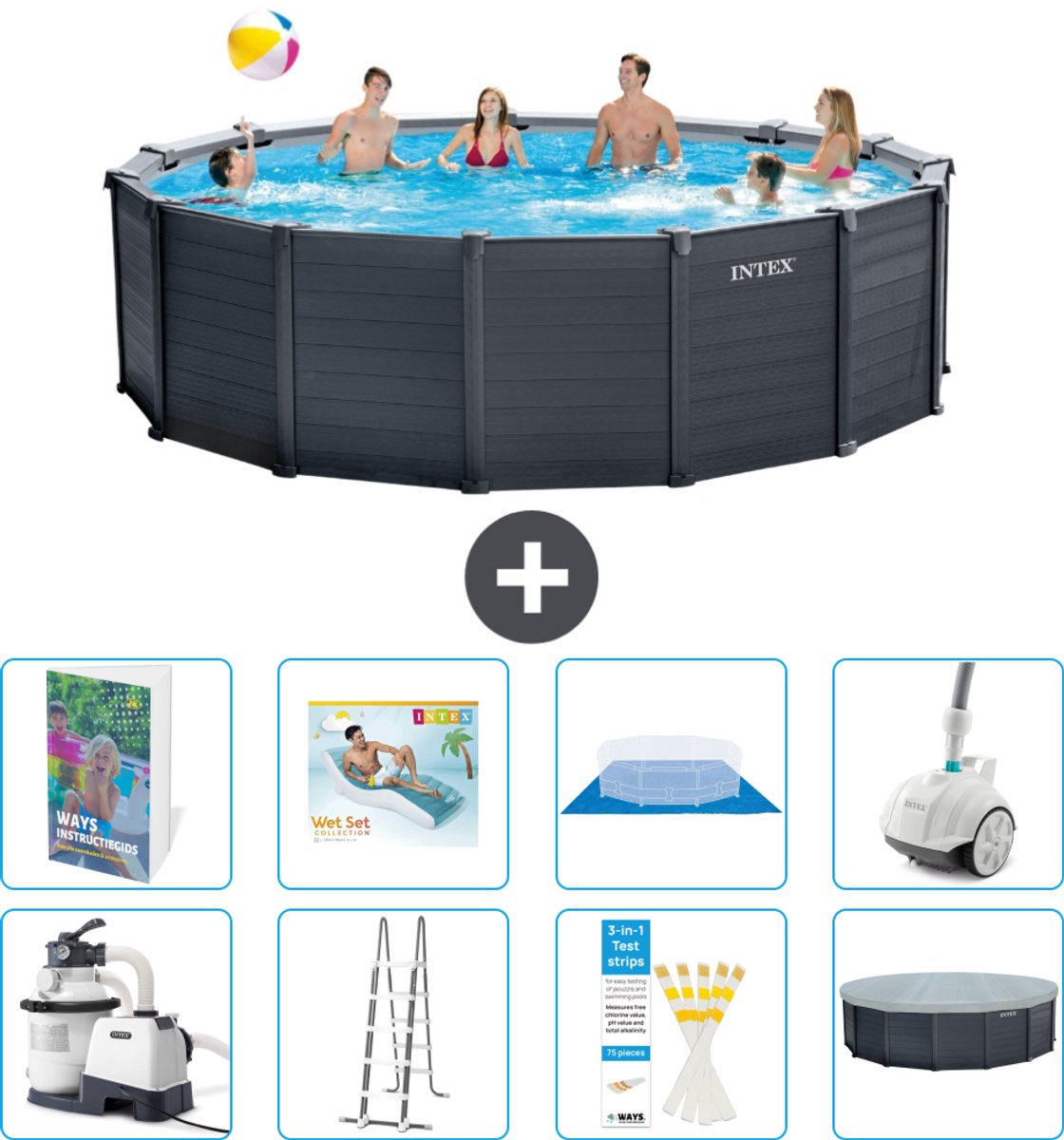 Intex Rond Graphite Gray Panel Zwembad - 478 x 124 cm - Inclusief Pomp - Ladder - Grondzeil - Afdekzeil - Loungebed - Stofzuiger - 9-delig