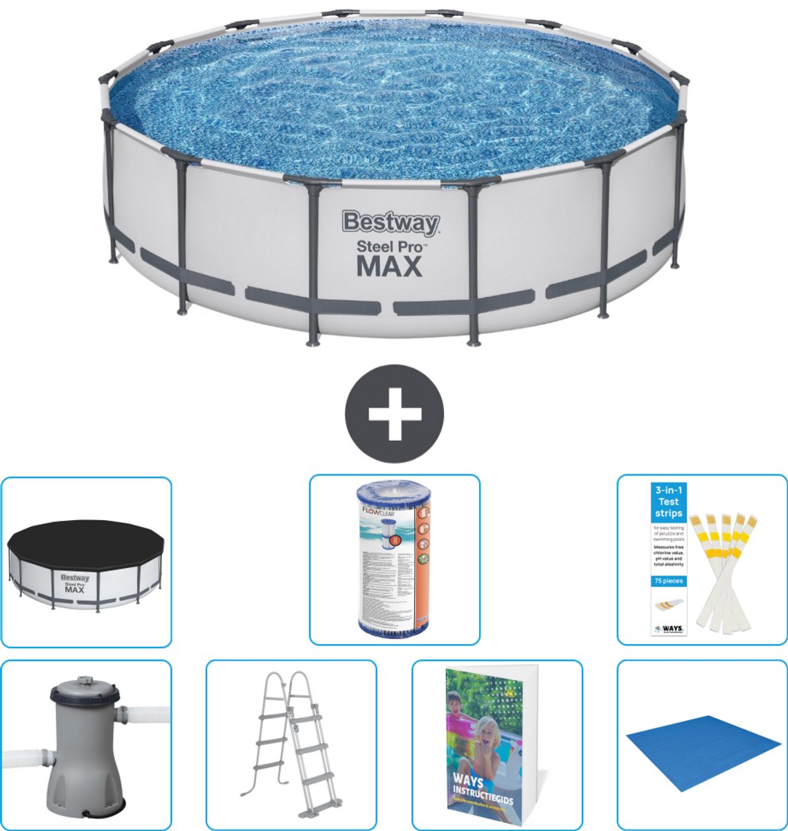 Bestway Rond Steel Pro MAX Zwembad - 427 x 107 cm - Grijs - Inclusief Pomp - Ladder - Afdekzeil - Filter - Grondzeil - 8-delig