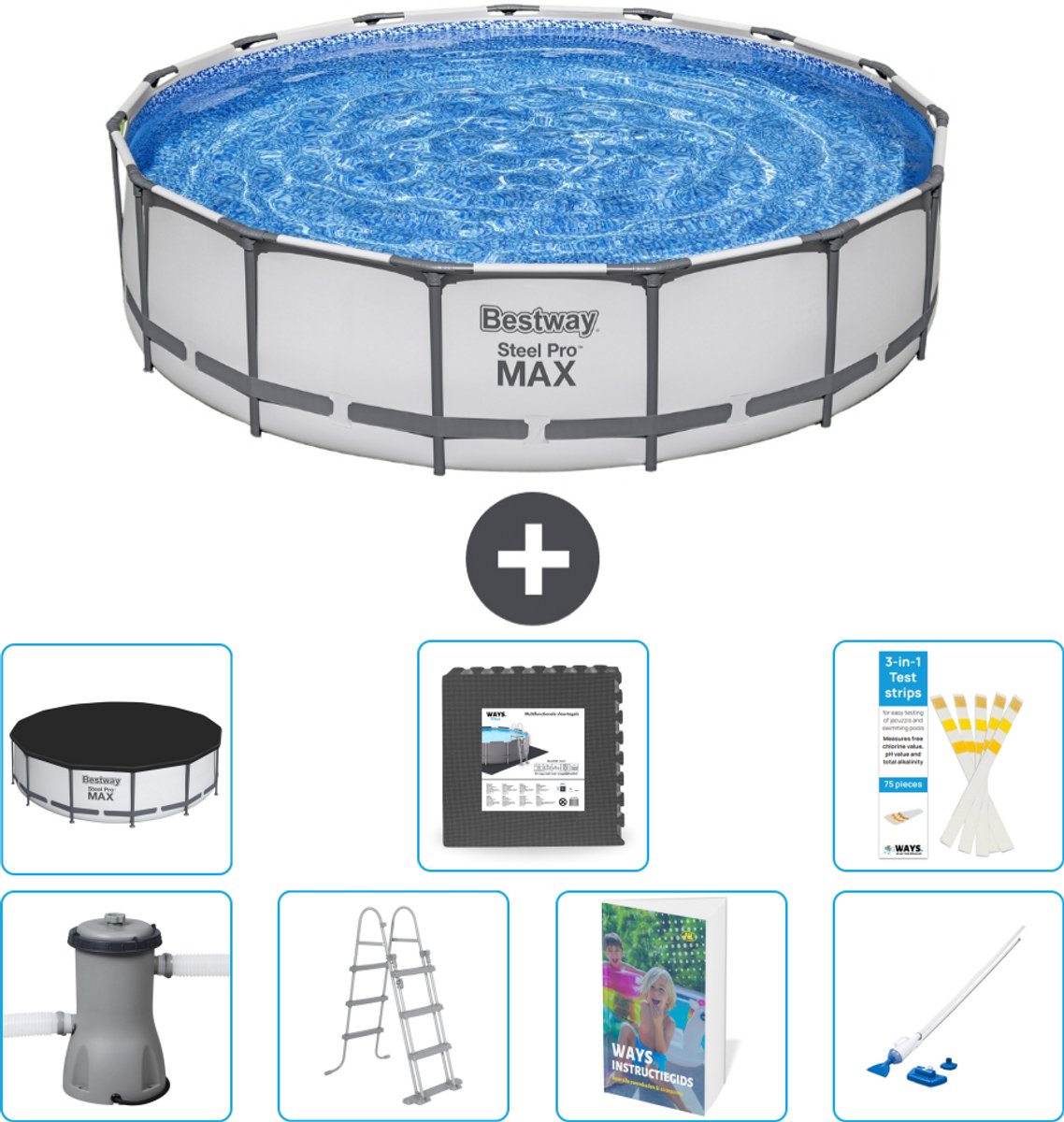 Bestway Rond Steel Pro MAX Zwembad - 457 x 107 cm - Grijs - Inclusief Pomp - Ladder - Afdekzeil - Vloertegels - Stofzuiger - 8-delig