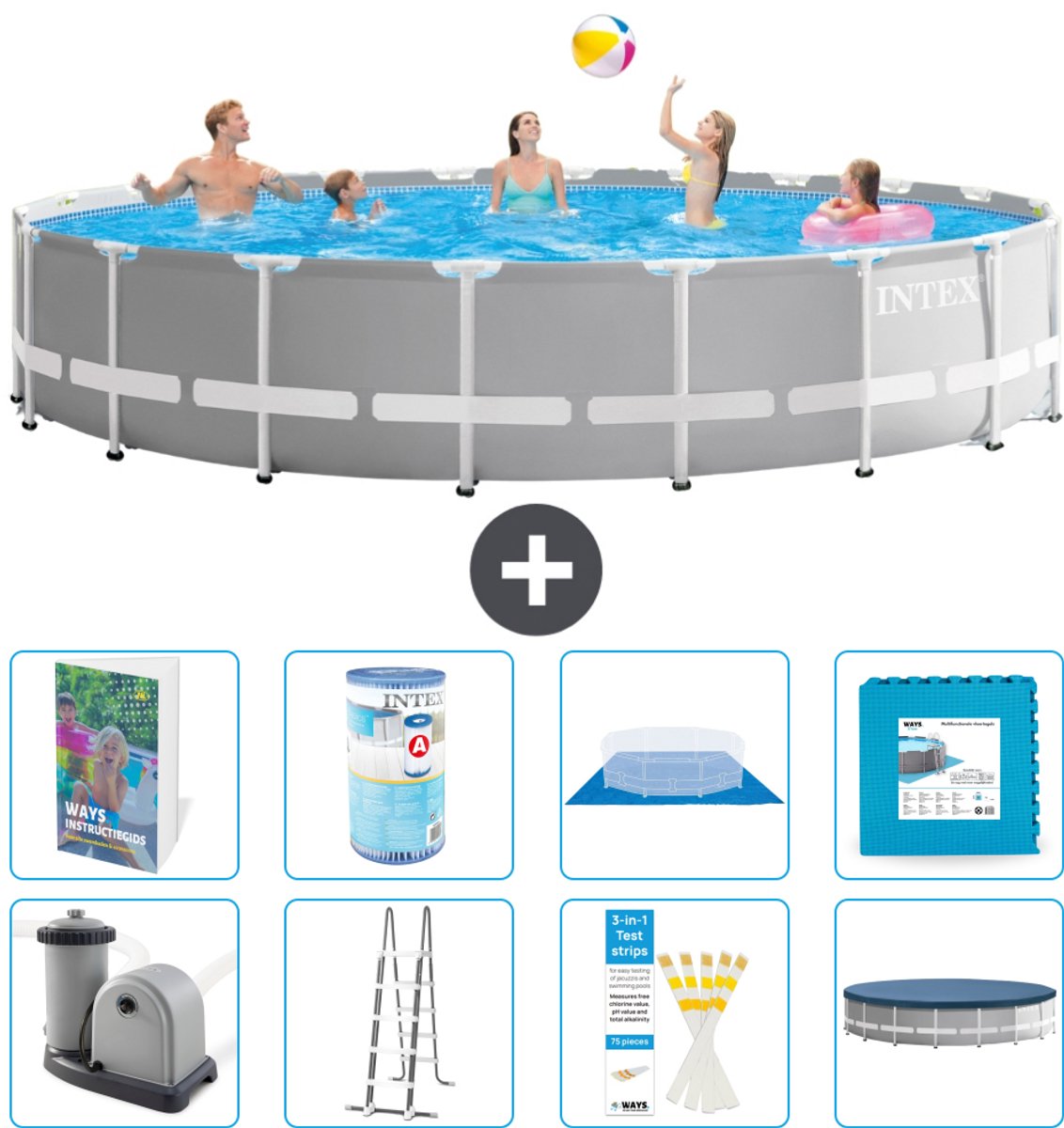 Intex Rond Prism Frame Zwembad - 610 x 132 cm - Grijs - Inclusief Pomp - Ladder - Grondzeil - Afdekzeil - Filter - Vloertegels - 9-delig
