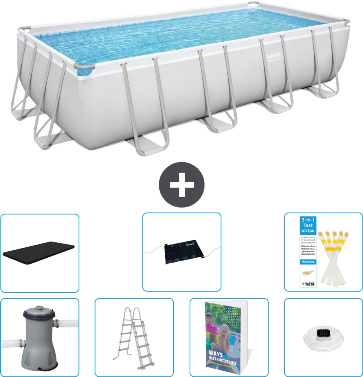 Bestway Rechthoekig Power Steel Zwembad - 488 x 244 x 122 - Grijs Inclusief Pomp - Ladder - Afdekzeil - Solar Mat - Verlichting - 8-delig
