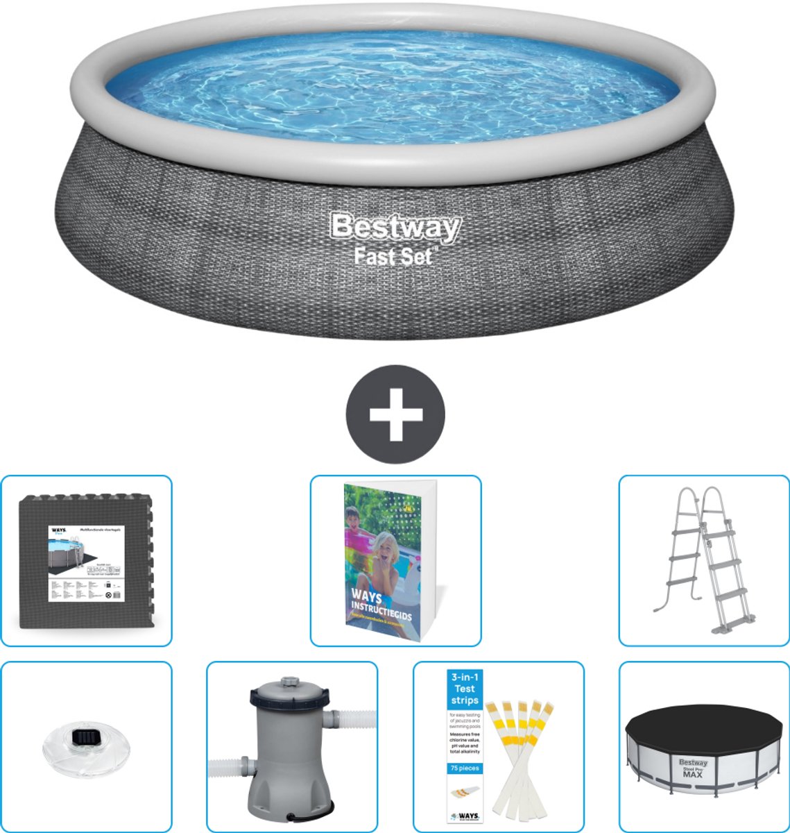 Bestway Rond Opblaasbaar Fast Set Zwembad - Rotanprint - 457 x 107 cm - Inclusief Pomp - Ladder - Afdekzeil - Vloertegels - Verlichting - 8-delig