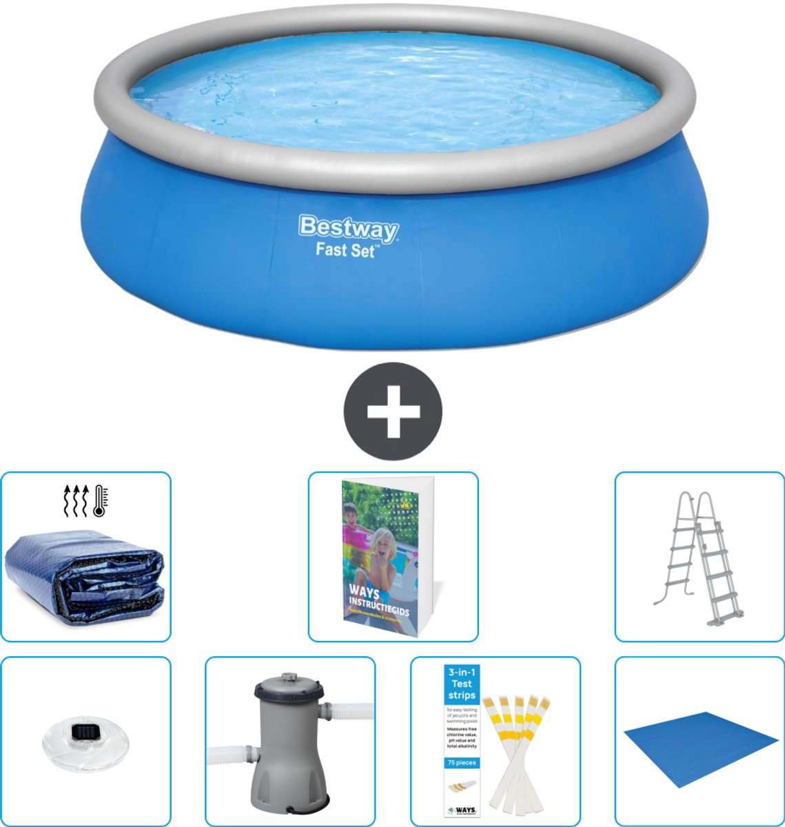 Bestway Rond Opblaasbaar Fast Set Zwembad - 457 x 122 cm - Blauw - Inclusief Pomp - Ladder - Grondzeil - Solarzeil - Verlichting - 8-delig