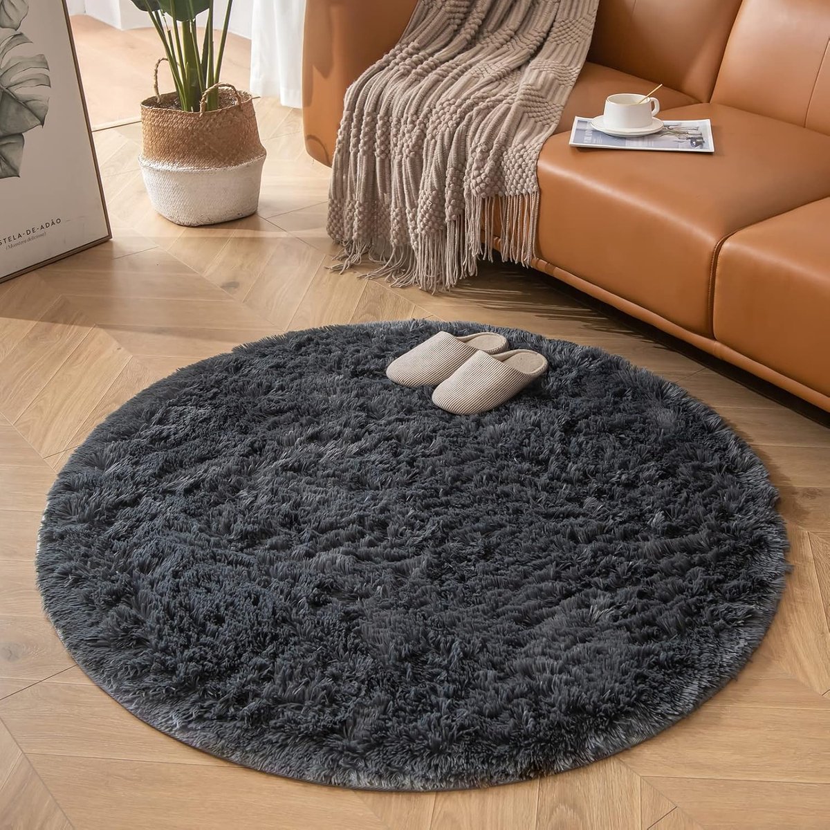SnelShoppen - Ronde Vloerkleed Grijs Fluffy 120CM Antislip Wasbaar Zacht Tapijt Shaggy Area Mat voor Kinderkamer Woonkamer en Slaapkamer Decor