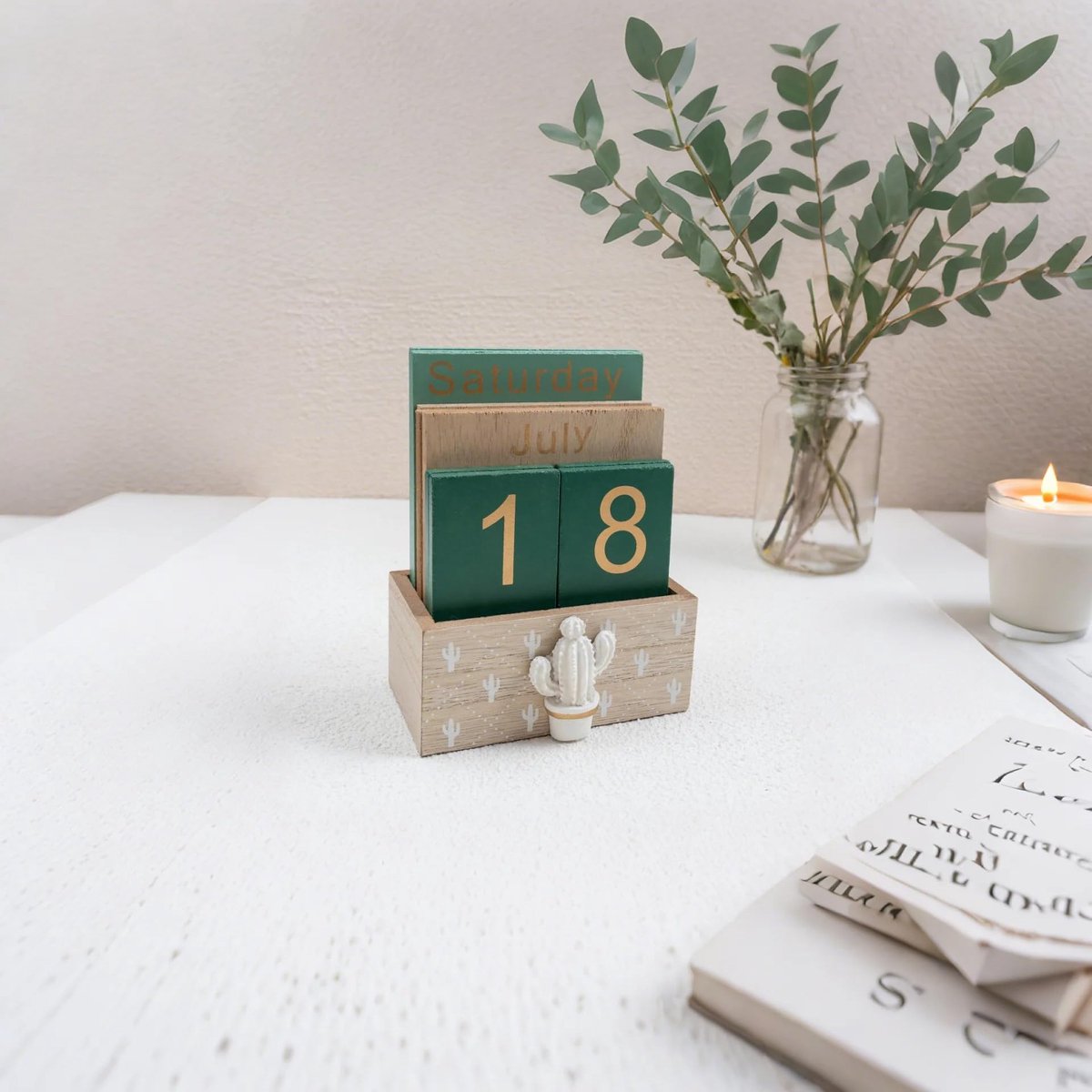 SnelShoppen - Eeuwigdurende Kalender Koper Houten Blok Kalender Vintage Houten Bureau Accessoires Groene Blok Kalender voor Thuis en Kantoor