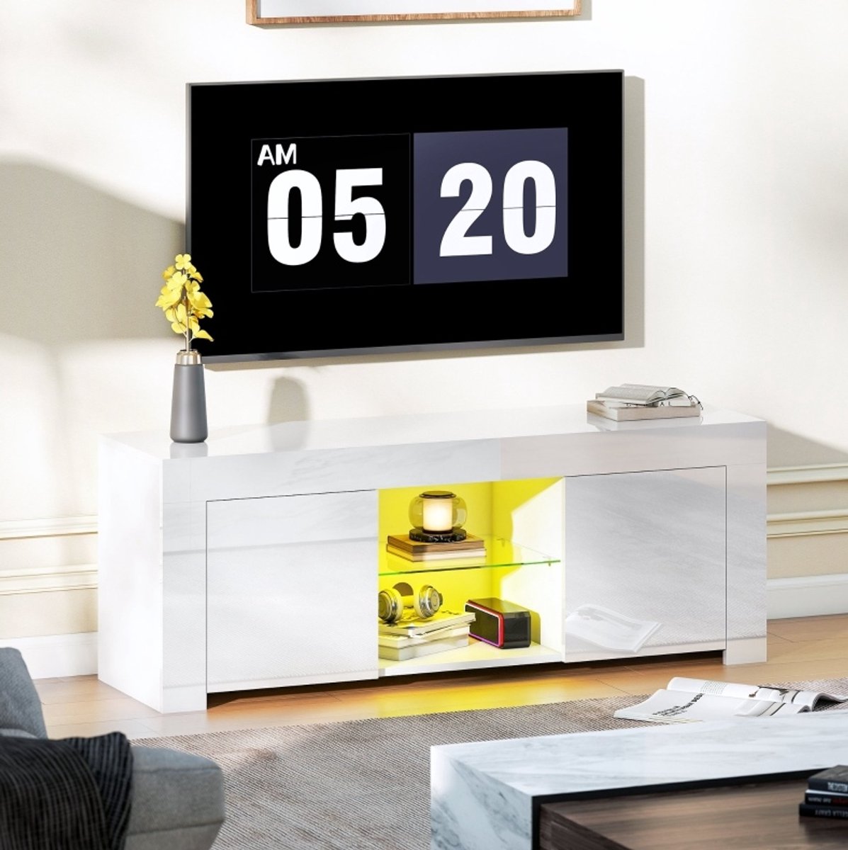 MIVRAY Tv Meubel Met Ledverlichting En Glasplank Voor Woonkamer Wit Spaanplaat 120 X 34 X 45 Cm Met Twee Deuren