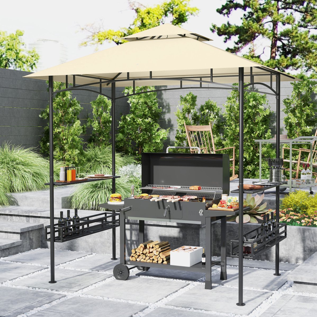 Barbecue Overkapping 240 x 150 x 257 cm - Dubbel Dak - Staal - Beige - Voor Grillen Met Zijplanken