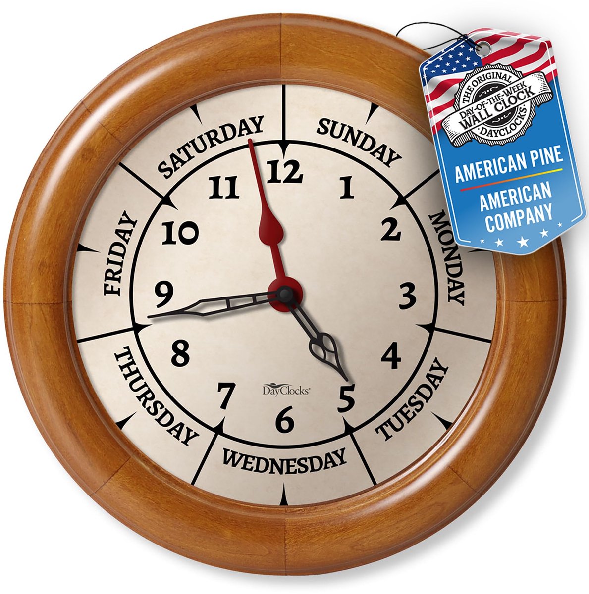 SnelShoppen - DayClocks Wandklok met Massief Houten Frame, Wekelijkse Analoge Klok voor Dagen, Uren en Minuten, Stille Klok van Dennenhout, 25,4 cm -