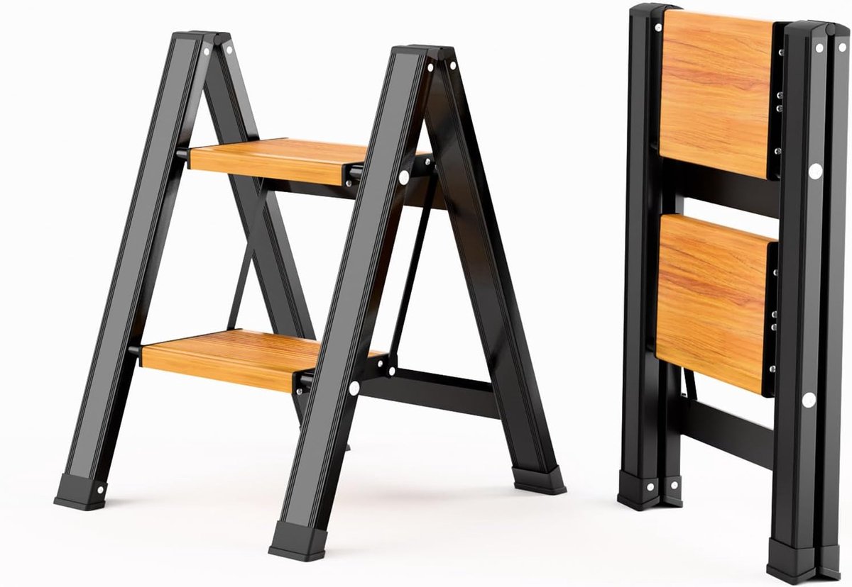 SnelShoppen - KULACO Trapladder 2 Treden Inklapbaar Aluminium Vouwtrap met Brede Antislip Pedaal, Lichte Huishoudtrap tot 150 kg voor Huis, Kantoor, G