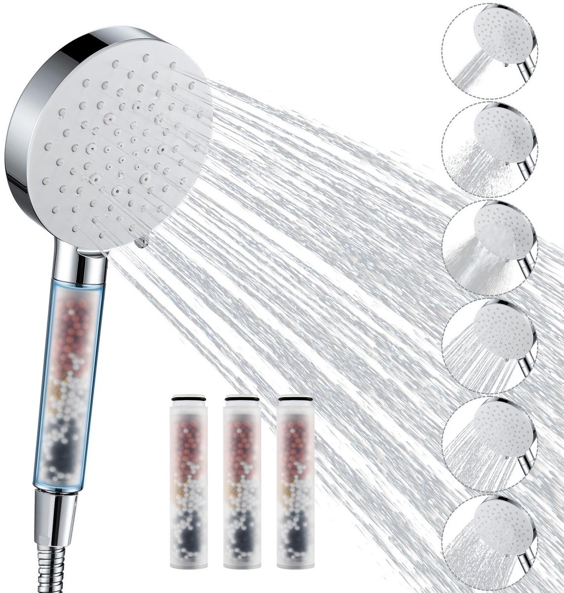 Auralum Max Douchekop met Filter - Hoge Druk Handdouche - 6 Sproeistanden - Luxe Moderne Handdouche - inclusief 4 Vervangingsfilters - 1,5 m Slang - Waterbesparende - Chrome/Wit