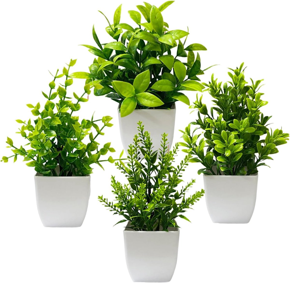 SnelShoppen - 4 stuks kunstplanten voor binnen, kleine decoratieve planten, ideaal voor planken, balkons, kantoren en badkamers, wit, 20 cm hoog