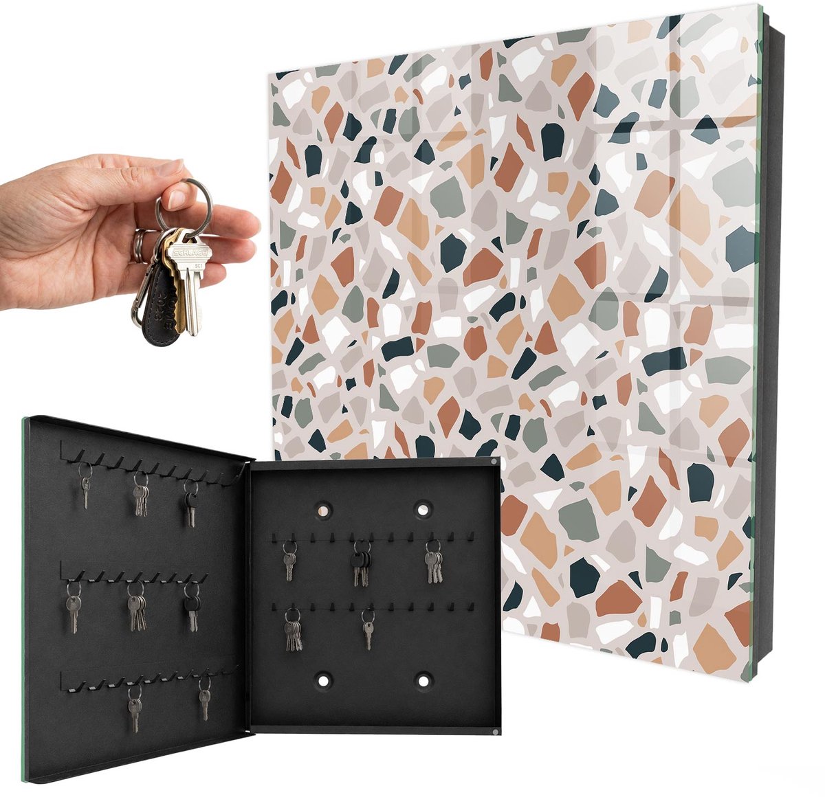 WallMuralia - Sleutelkast - 30x30x5 cm - met 50 haken - Mozaïek Van Steen Sleutelkastje - Beige Sleutelbox - Linksopenend - Zwart interieur