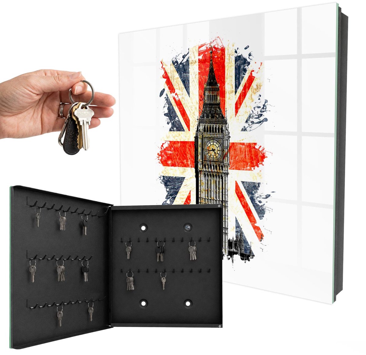 WallMuralia - Sleutelkast - 30x30x5 cm - met 50 haken - Brits Symbool Design Sleutelkastje - Rood Sleutelbox - Linksopenend - Zwart interieur