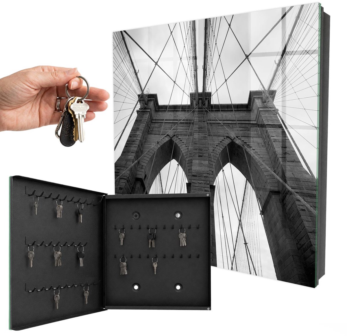WallMuralia - Sleutelkast - 30x30x5 cm - met 50 haken - Architectuurbrug Sleutelkastje Industrieel - Zwart-Wit Sleutelbox - Linksopenend - Zwart interieur