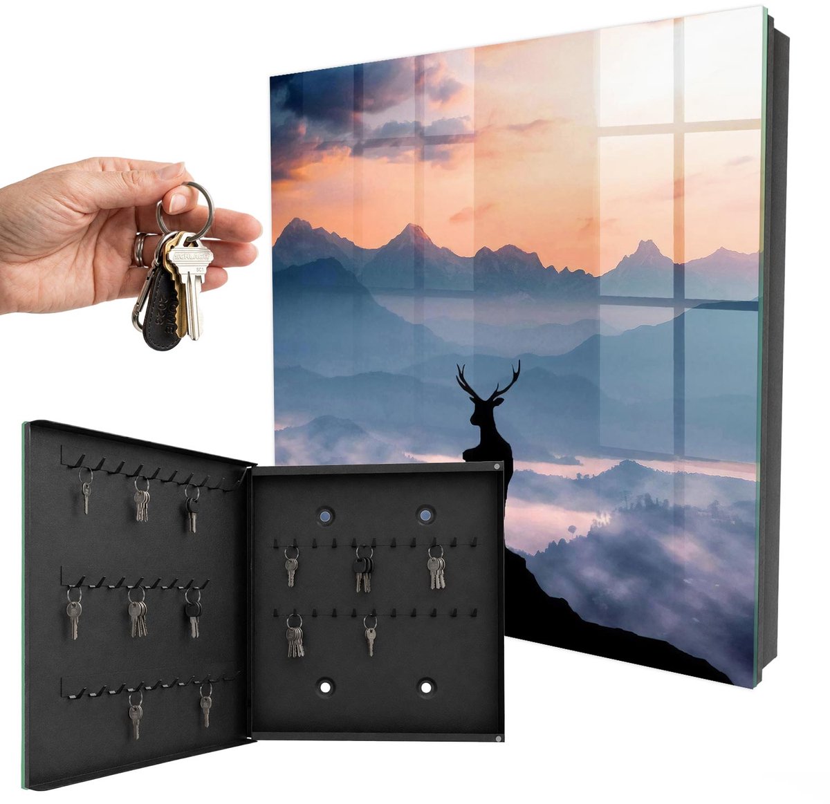 WallMuralia - Sleutelkast - 30x30x5 cm - met 50 haken - Berg Harmonie Sleutelkastje Modern - Blauw Sleutelbox - Linksopenend - Zwart interieur