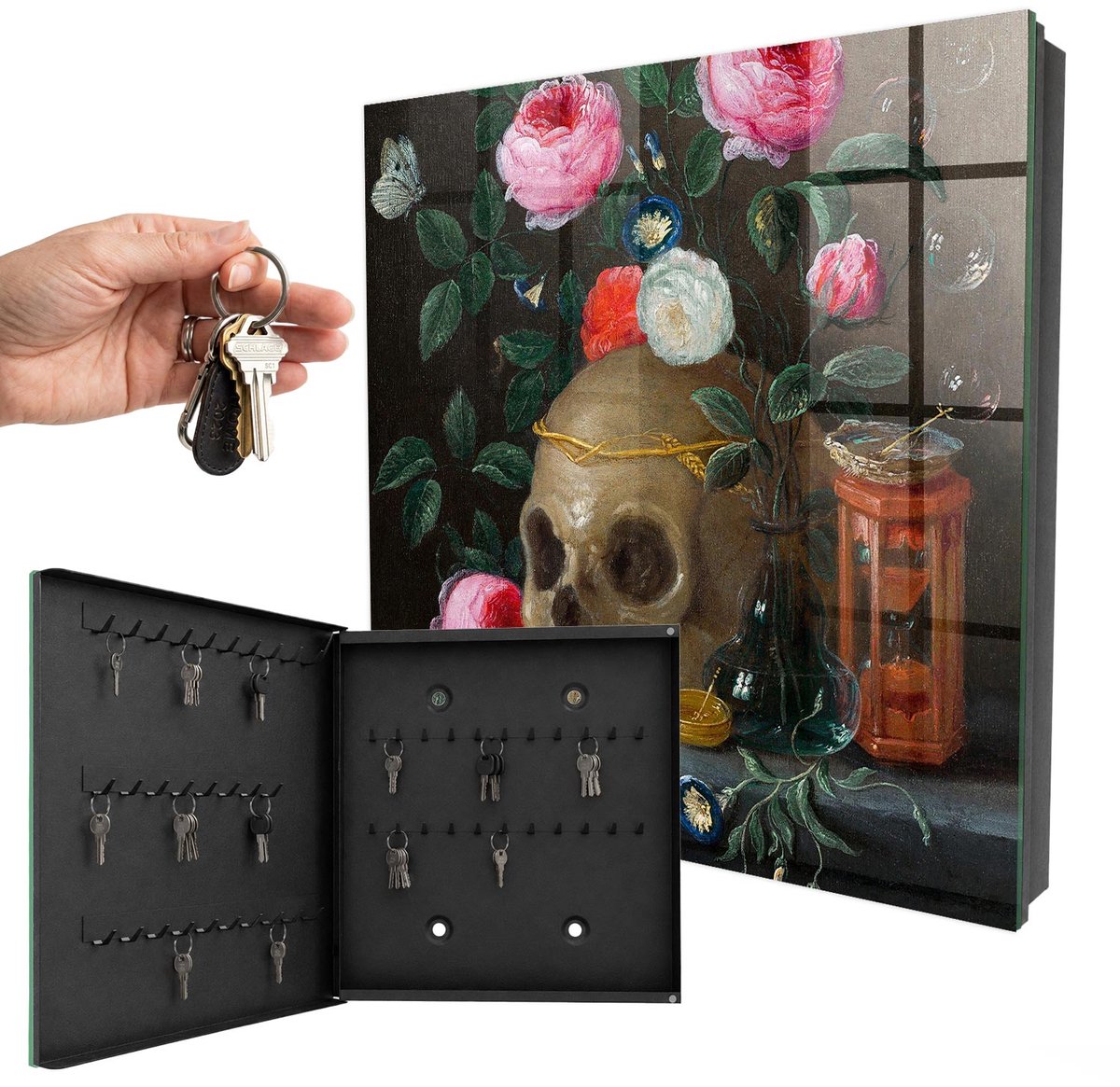 WallMuralia - Sleutelkast - 30x30x5 cm - met 50 haken - Schedel En Bloemen Sleutelkastje Voor Binnen - Groente Sleutelbox - Linksopenend - Zwart interieur