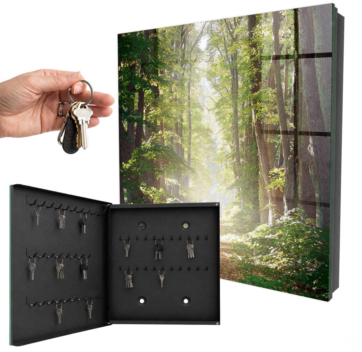 WallMuralia - Sleutelkast - 30x30x5 cm - met 50 haken - Boslandschap Sleutelkastje Voor Binnen - Groente Sleutelbox - Linksopenend - Zwart interieur