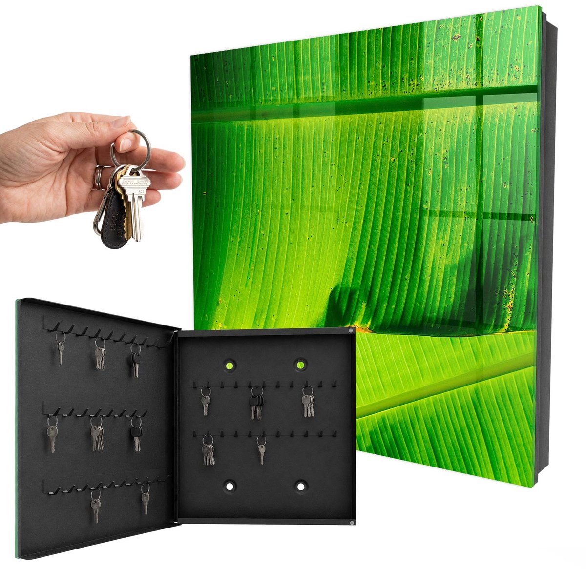 WallMuralia - Sleutelkast - 30x30x5 cm - met 50 haken - Bladgloed Sleutelkastje Design - Groente Sleutelbox - Linksopenend - Zwart interieur