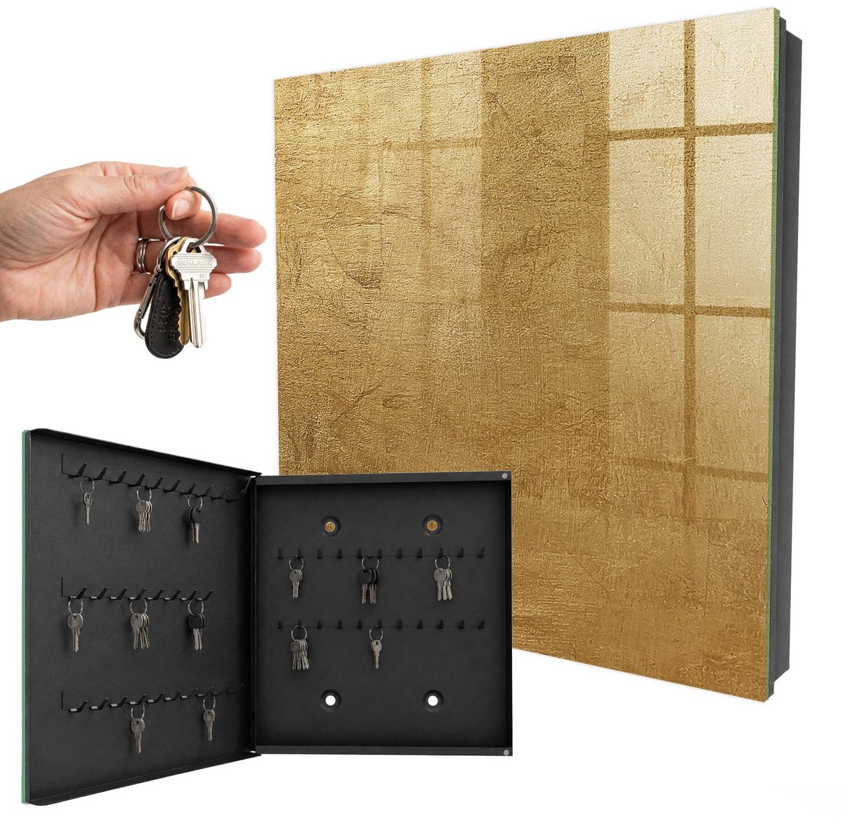 WallMuralia - Sleutelkast - 30x30x5 cm - met 50 haken - Warme Textuur Sleutelkastje Muur - Geel Sleutelbox - Linksopenend - Zwart interieur