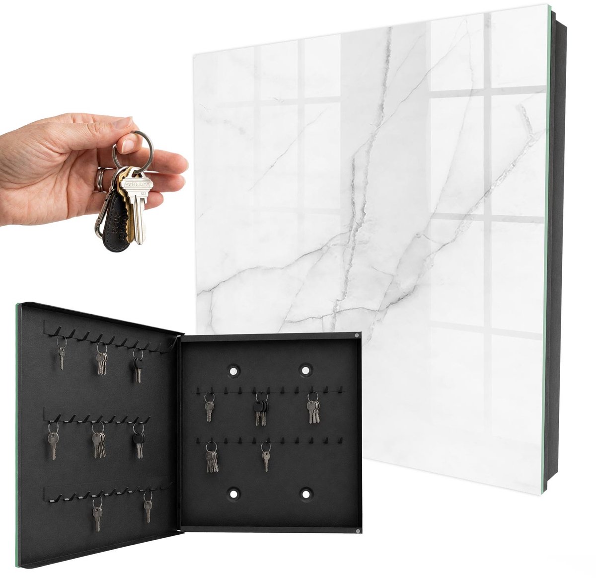 WallMuralia - Sleutelkast - 30x30x5 cm - met 50 haken - Marmeren Elegantie Sleutelkastje Huis - Wit Sleutelbox - Linksopenend - Zwart interieur