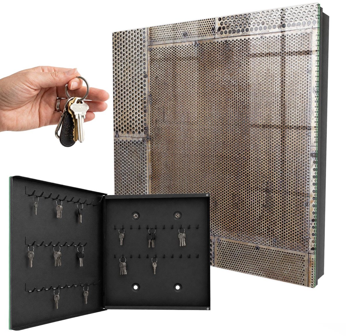 WallMuralia - Sleutelkast - 30x30x5 cm - met 50 haken - Industrieel Patroon Sleutelkastje Binnen - Bruin Sleutelbox - Linksopenend - Zwart interieur