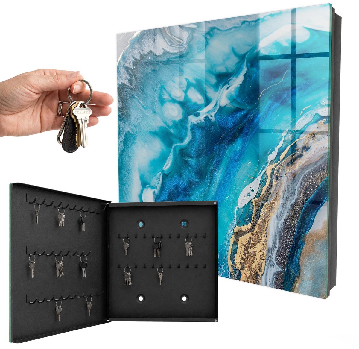 WallMuralia - Sleutelkast - 30x30x5 cm - met 50 haken - Turkooizen Patronen Sleutelkastje Design - Turkoois Sleutelbox - Linksopenend - Zwart interieur