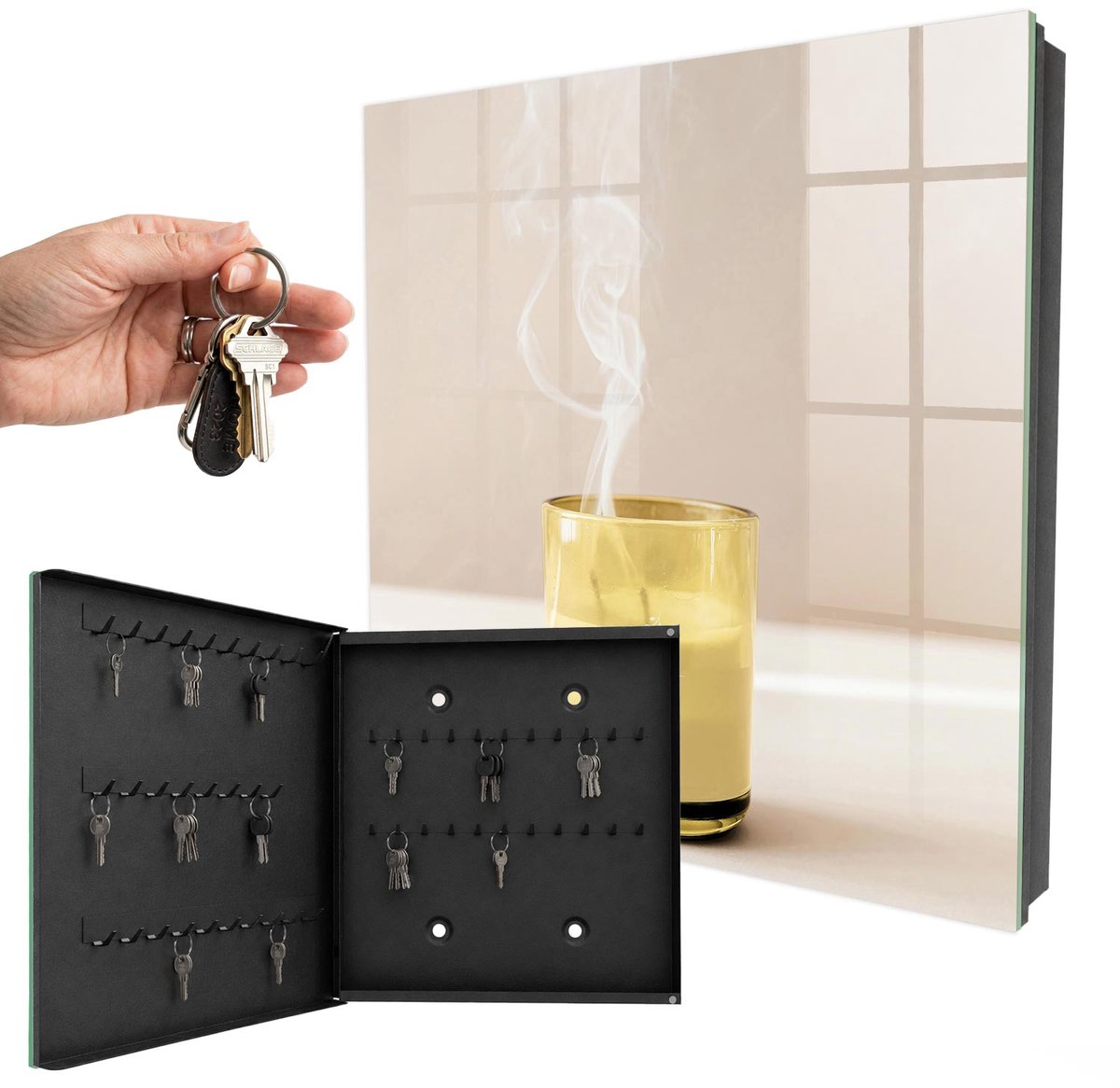 WallMuralia - Sleutelkast - 30x30x5 cm - met 50 haken - Glazen Stuk Groot Sleutelkastje - Geel Sleutelbox - Linksopenend - Zwart interieur