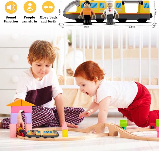 elektrische locomotief houten spoor, batterij-aangedreven trein, krachtige motortrein compatibel met Thomas, Brio, speelgoed voor kinderen peuter jongen, geel — afbeelding 5