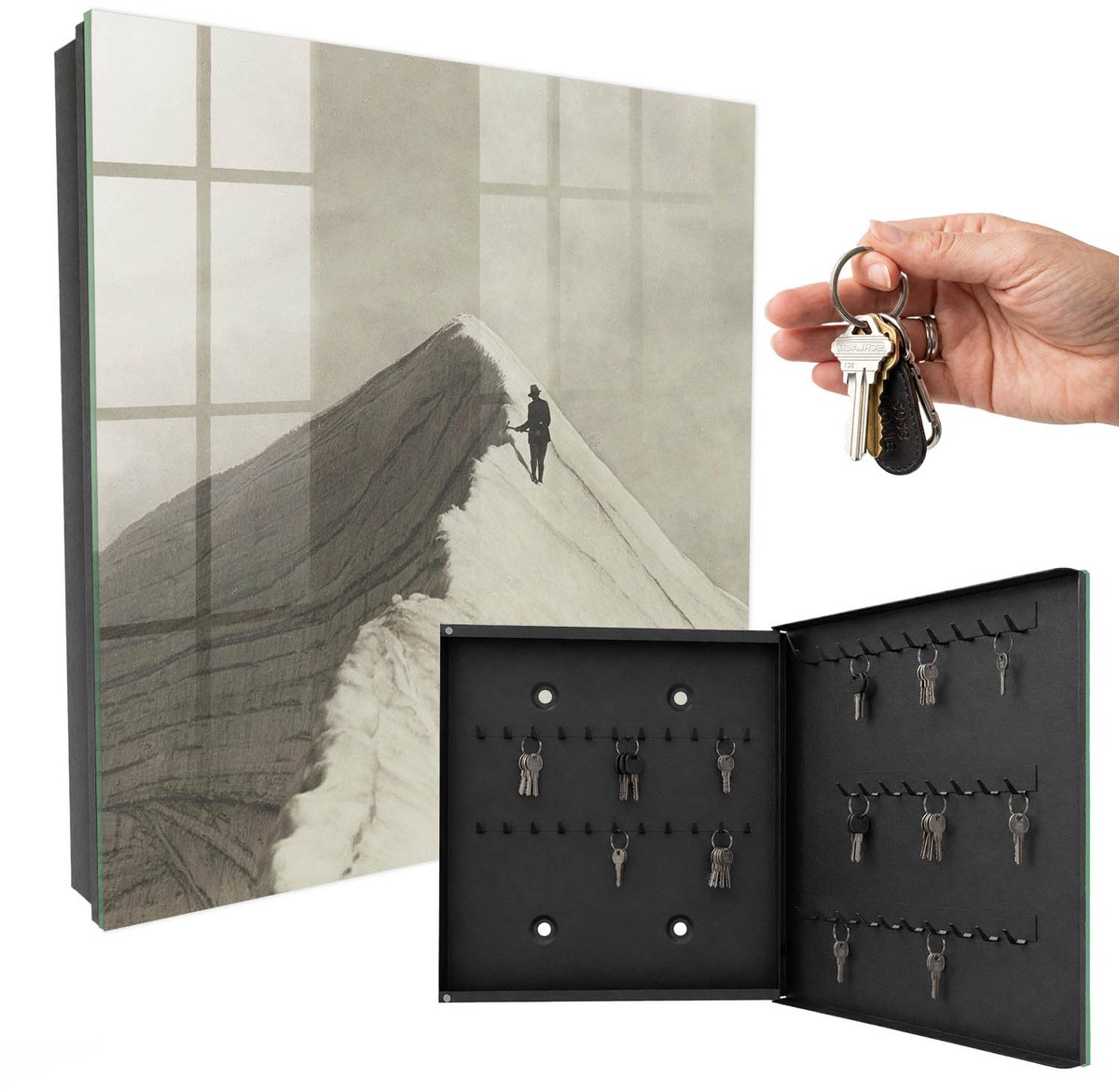 WallMuralia - Sleutelkast - 30x30x5 cm - met 50 haken - Bergklimmen Leuk Sleutelkastje - Wit Sleutelbox - Rechtsopenend - Zwart interieur