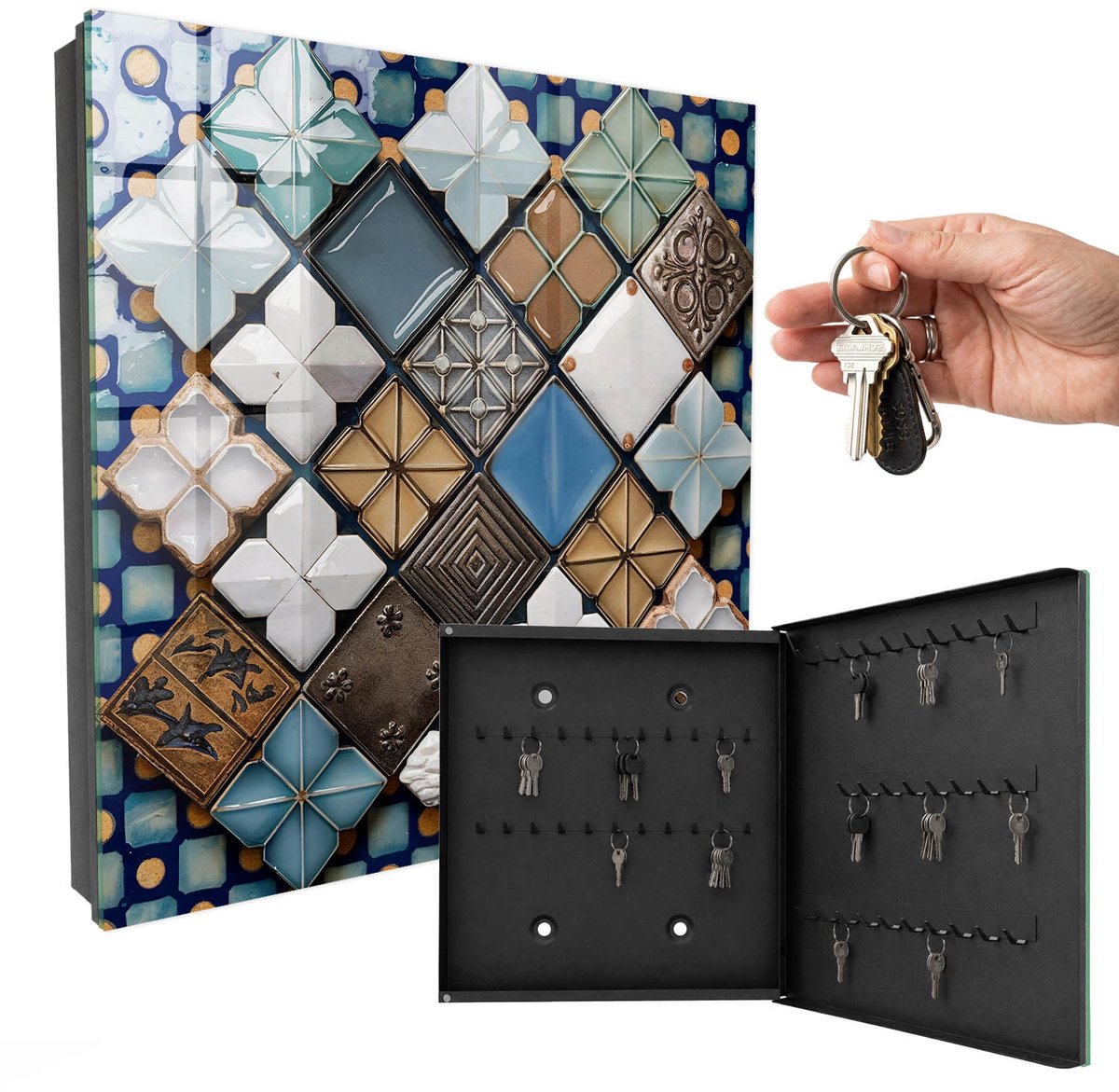 WallMuralia - Sleutelkast - 30x30x5 cm - met 50 haken - Tegelpatronen Sleutelkastje Binnen - Blauw Sleutelbox - Rechtsopenend - Zwart interieur