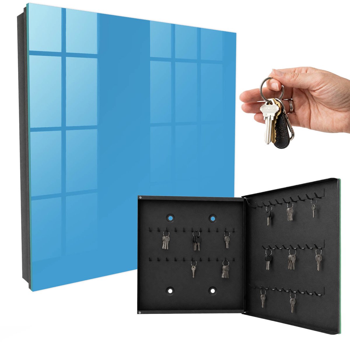 WallMuralia - Sleutelkast - 30x30x5 cm - met 50 haken - Blauw Water Sleutelkastje Gang - Blauw Sleutelbox - Rechtsopenend - Zwart interieur
