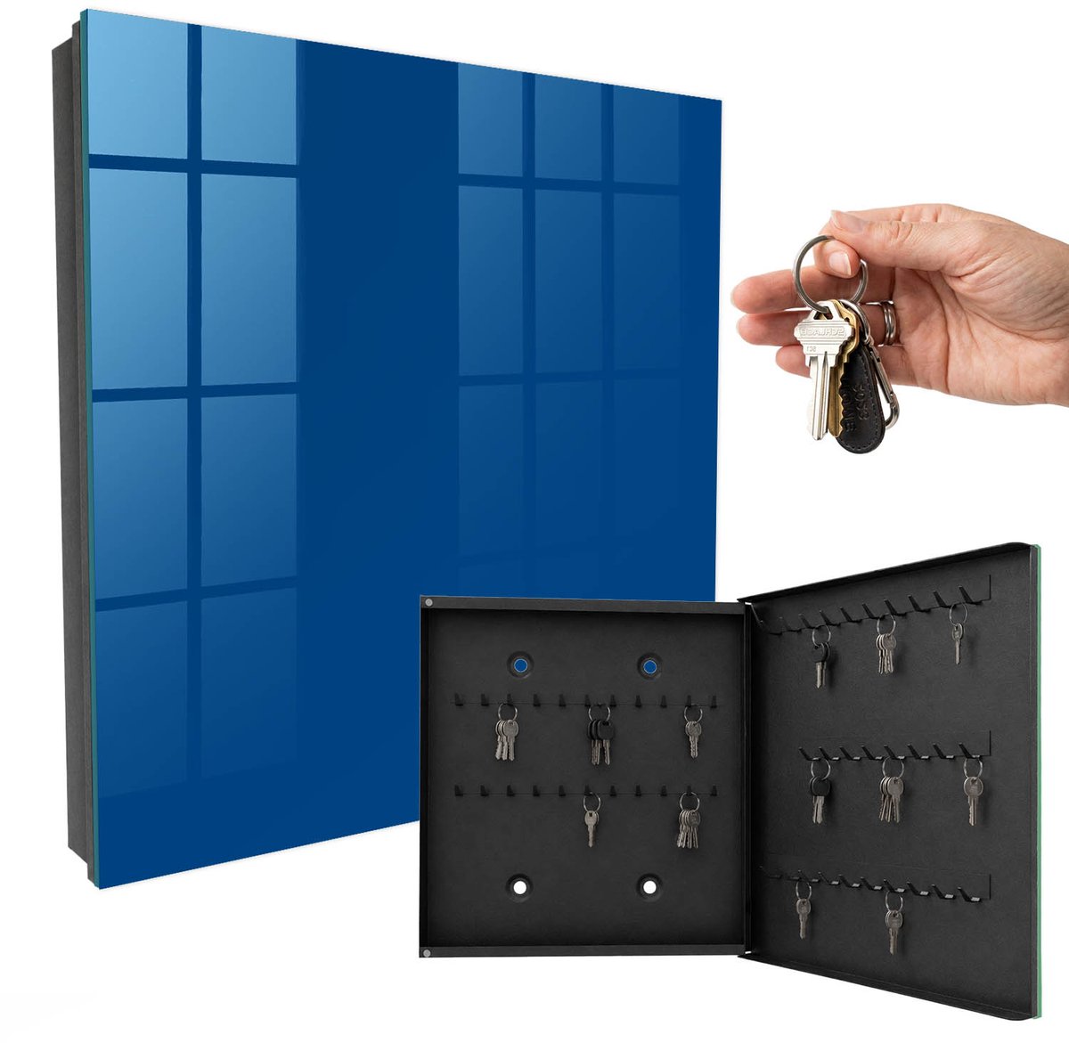 WallMuralia - Sleutelkast - 30x30x5 cm - met 50 haken - Donkerblauw Sleutelkastje Huis - Marine Sleutelbox - Rechtsopenend - Zwart interieur