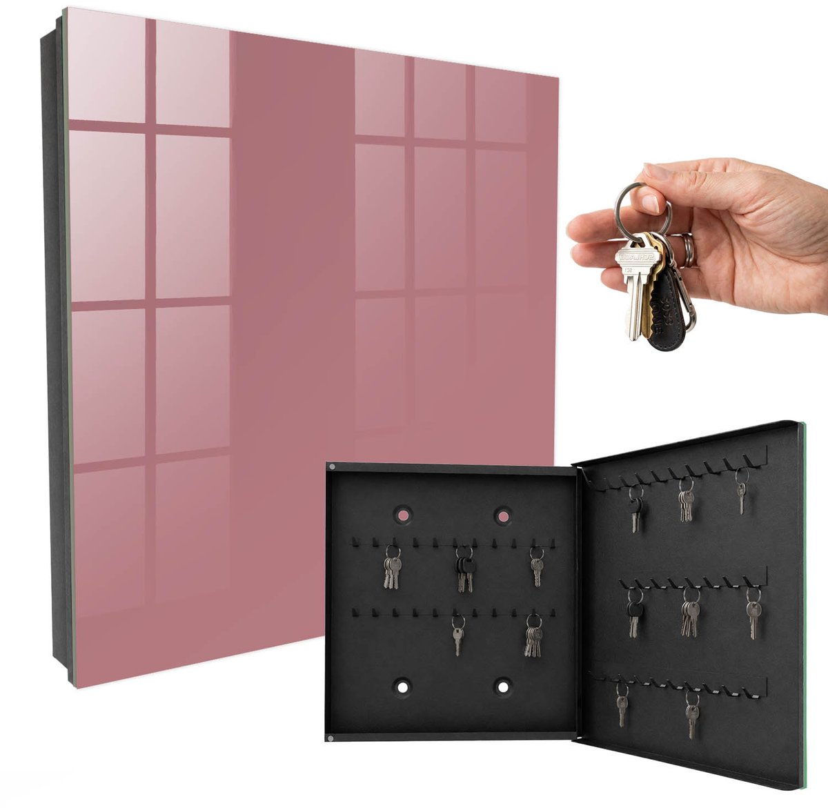 WallMuralia - Sleutelkast - 30x30x5 cm - met 50 haken - Oudroze Leuk Sleutelkastje - Roze Sleutelbox - Rechtsopenend - Zwart interieur