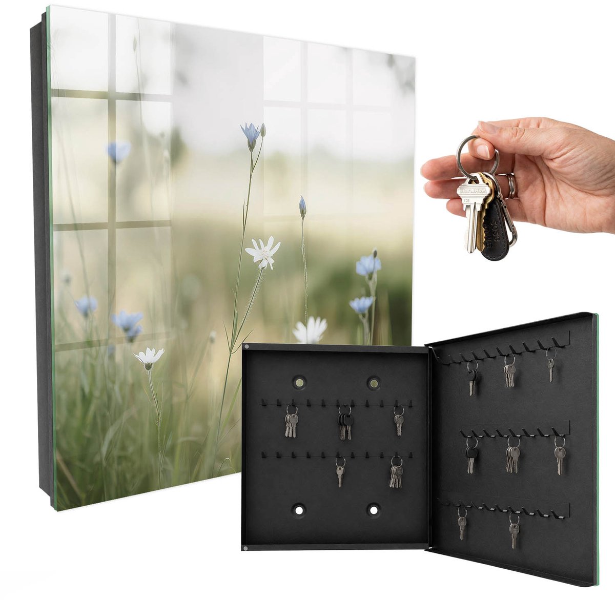 WallMuralia - Sleutelkast - 30x30x5 cm - met 50 haken - Tere Bloemen Sleutelkastje Klein - Beige Sleutelbox - Rechtsopenend - Zwart interieur