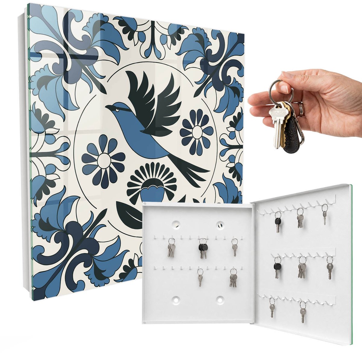 WallMuralia - Sleutelkast - 30x30x5 cm - met 50 haken - Blauwe Vogel Leuk Sleutelkastje - Blauw Sleutelbox - Rechtsopenend - Wit interieur
