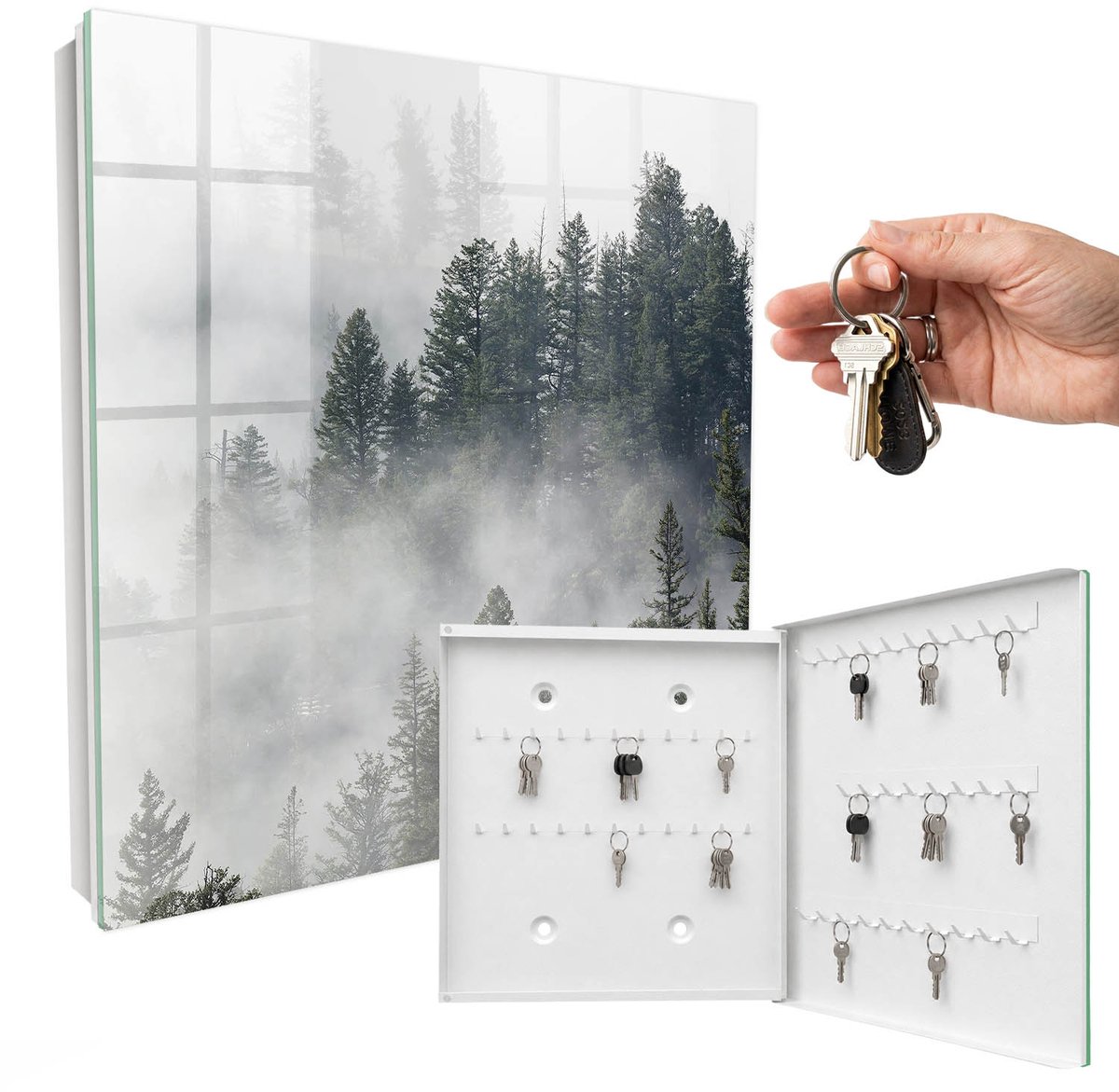 WallMuralia - Sleutelkast - 30x30x5 cm - met 50 haken - Nevelbos Sleutelkastje Binnen - Grijs Sleutelbox - Rechtsopenend - Wit interieur