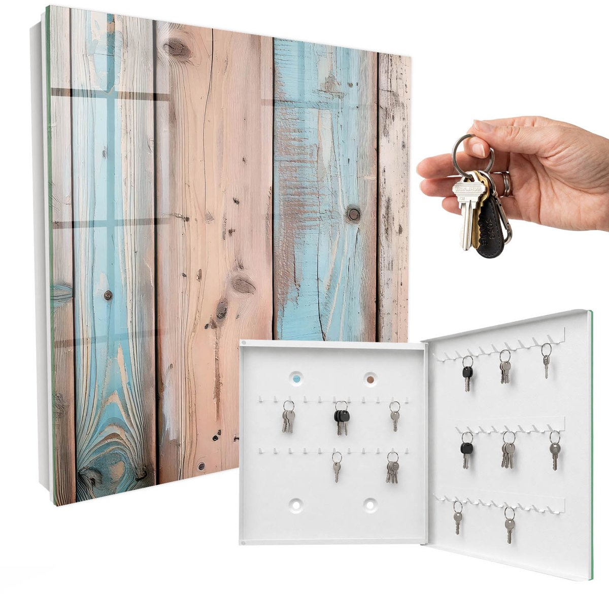 WallMuralia - Sleutelkast - 30x30x5 cm - met 50 haken - Pastelkleurig Hout Sleutelkastje Binnen - Blauw Sleutelbox - Rechtsopenend - Wit interieur